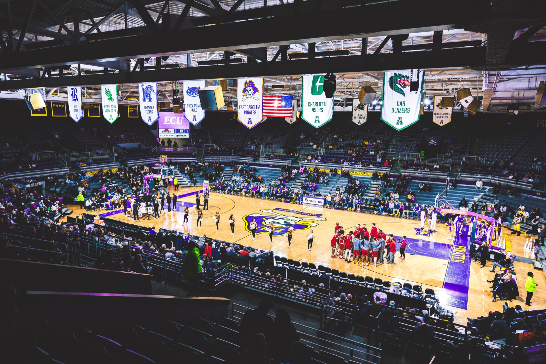 Wide view of the East Carolina basketball arena and court